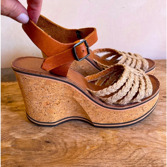 VINTAGE 70s-80s Platform Cork Wedges Sandals Woven Raffia Leather 6B Italy RARE! - Picture 1 of 14